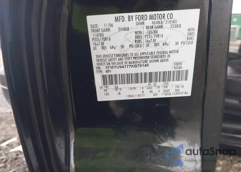 2007 Ford Escape Limited из США, поврежденный, VIN 1FMYU94177KB79145